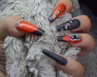 Orange Fake Nails Etsy