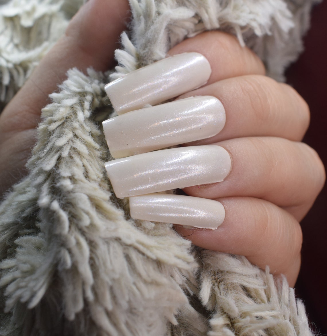 Creamy White Fake Nails Extra Long False Nails Hand Painted Etsy