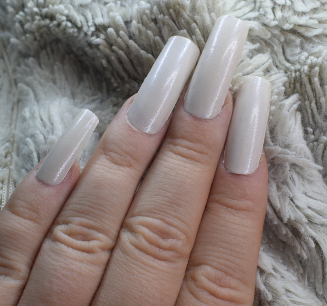 Creamy White Fake Nails Extra Long False Nails Hand Painted Etsy