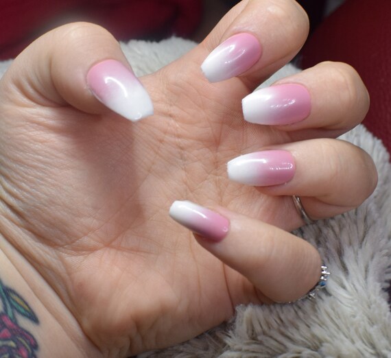 Pink French Tip Gradient Fake Nails Short Coffin False Nails Etsy