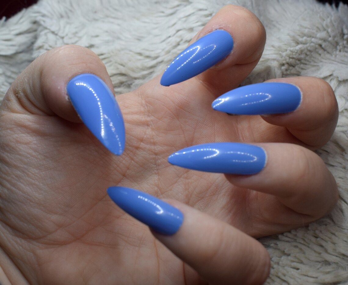 Light Blue Fake Nails Extra Long Stiletto False Nails Hand Etsy