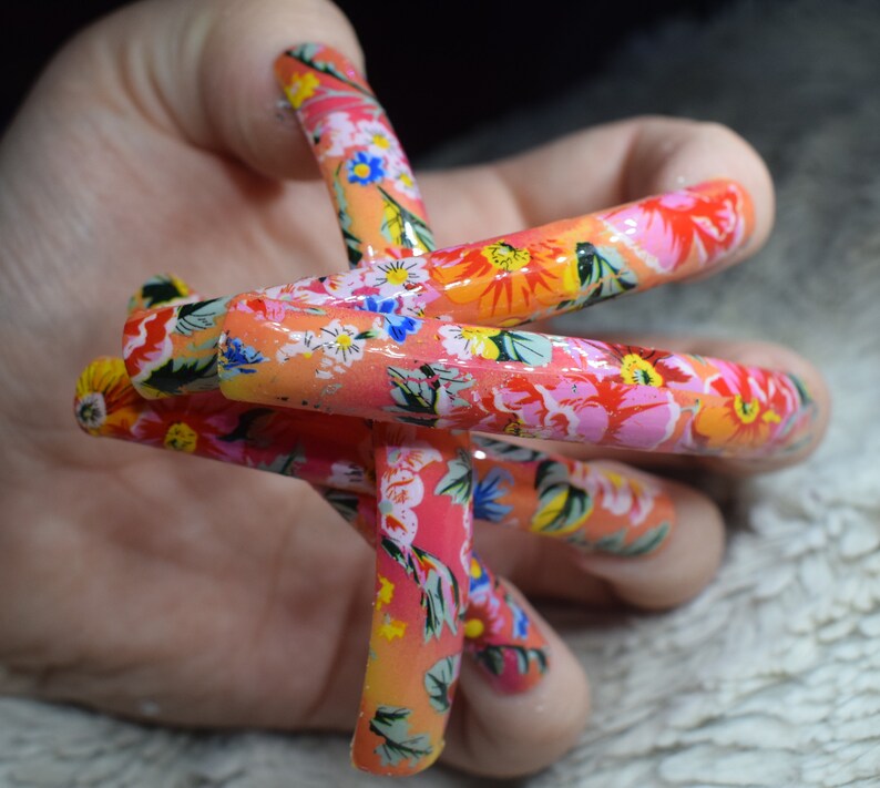 Orange Floral Fake Nails Super Long Curved False Nails Hand Etsy