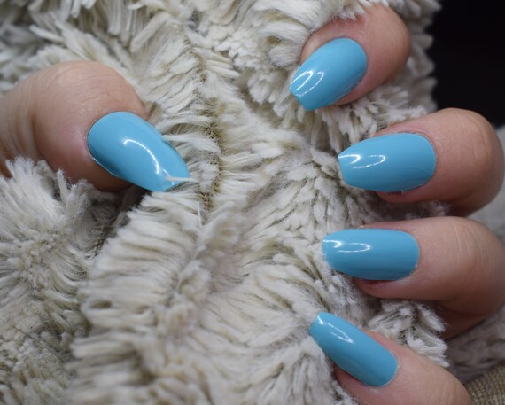 Baby Blue Fake Nails Short Coffin False Nails Hand Painted Etsy