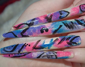 Pink Graffiti Fake Nails, Super Long Stiletto False Nails, Hand Painted And Decorated Press On Nails, Extra Long Nails, Floral Nail Designs