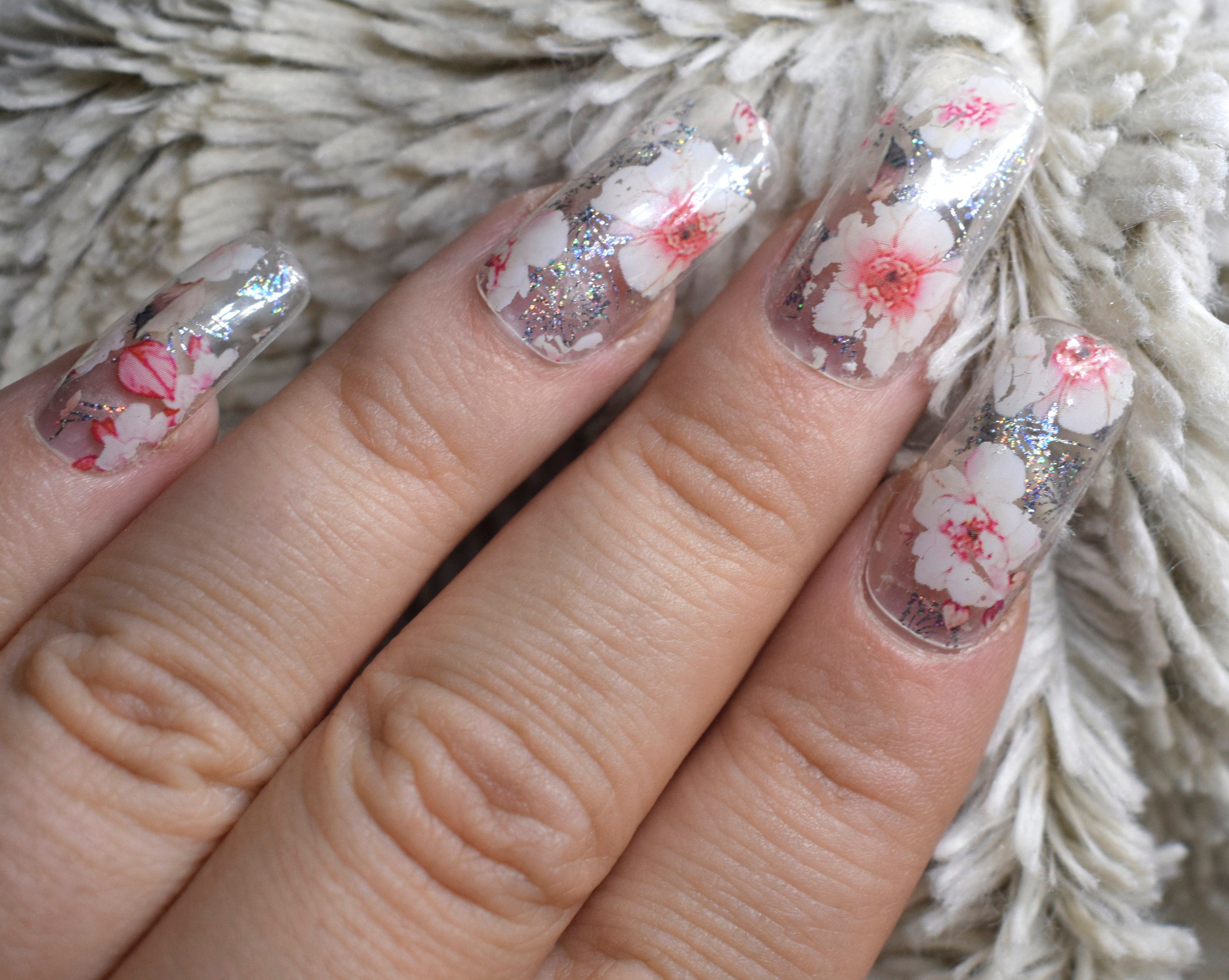 Clear Floral Fake Nails Wide Nails False Nails Hand Painted Etsy