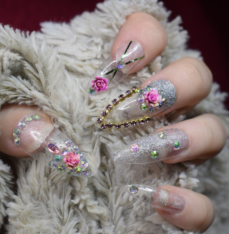 Clear Sparkle Fake Nails Extra Long Stiletto False Nails Etsy
