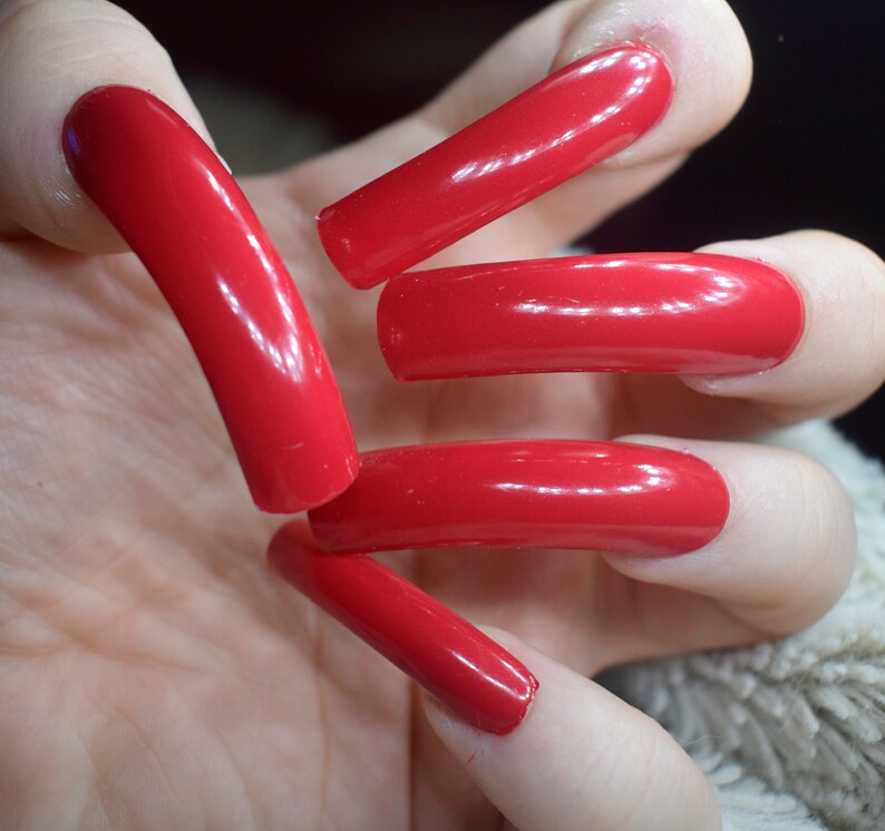 Bright Red Fake Nails Extra Long Curved False Nails Hand Etsy