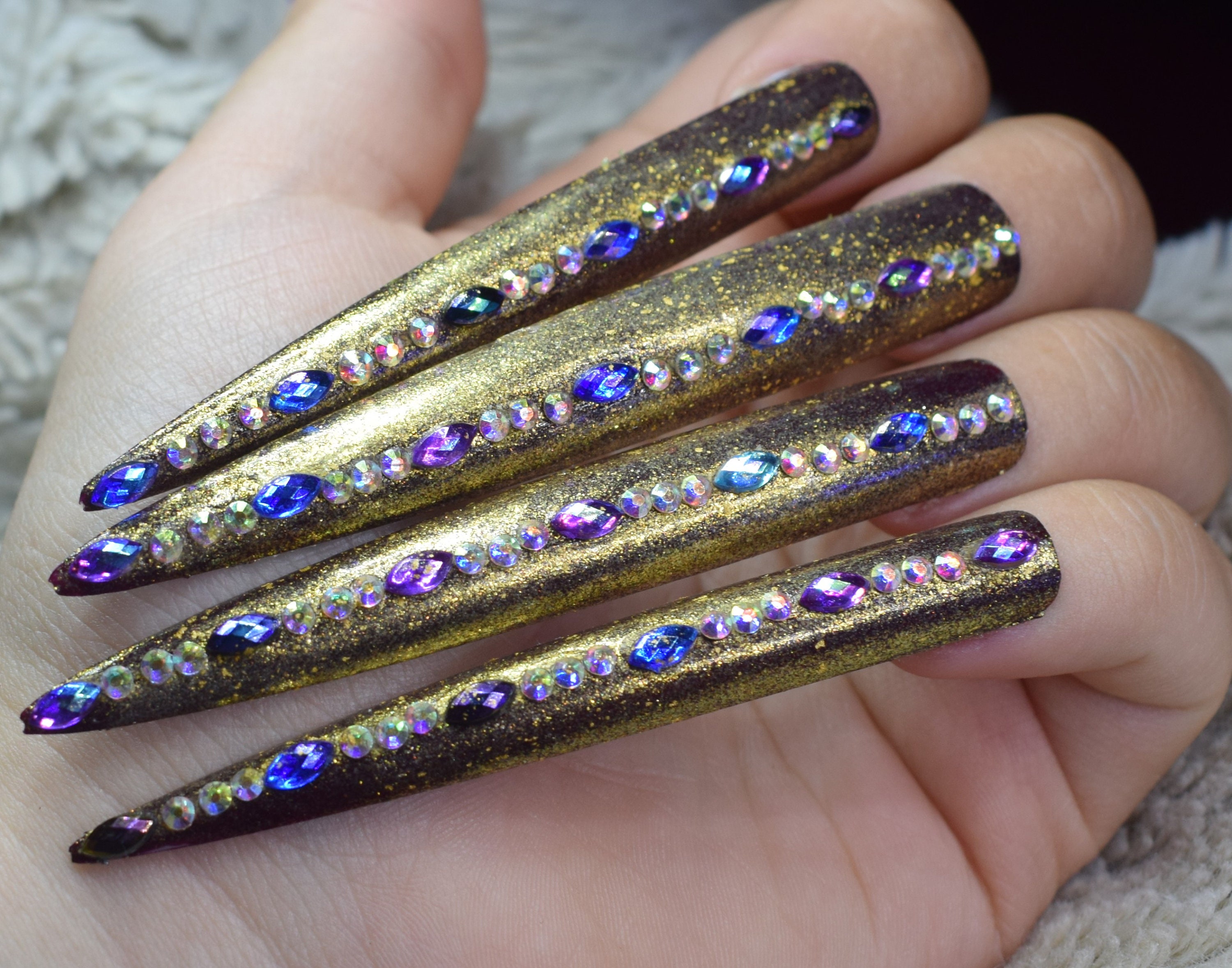 Black Cherry Gold Fake Nails Super Long Stiletto False Nails Etsy