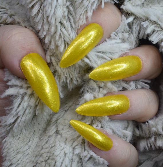 Bright Gold Fake Nails, Extra Long Stiletto False Nails, Hand Painted Press On Glue On Nails, Extra Long Nails, Nail Designs, 20 Nails