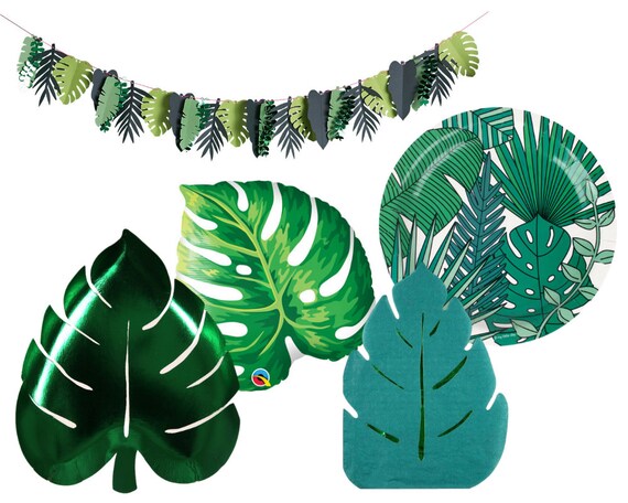 Tropical Palm Party Supplies | Palm Leaf Plates and Napkins | Hanging Banner Garland | Monstera Balloon Il_570xn