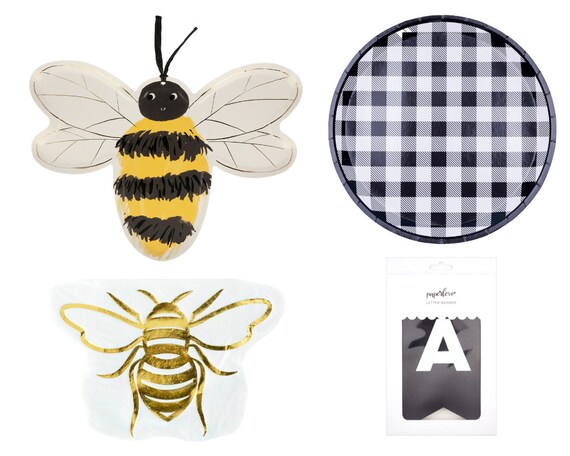 Bee Party Supplies In A Box Black And White Plates Bee Shaped Plates And Napkins Letter Banner By Literati Party Catch My Party Bee Party Supplies In A Box Black And White Plates Bee Shaped Plates And Napkins Letter Banner By Literati Party Catch My Party