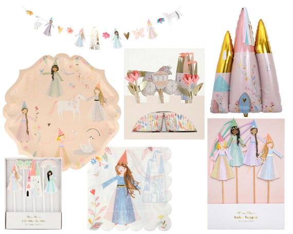 Princess Party Supplies | Pastel Illustrated Princess Plates and Napkins | Princess Candles, Cake Toppers and Cupcake Kit | Castle Balloon Il_570xn