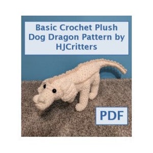 May include: A crochet pattern for a plush dog dragon, in PDF format. The pattern is for a white dog dragon with black eyes.