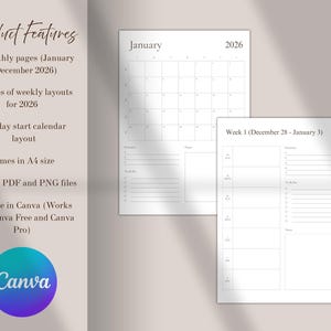 May include: A digital planner with a minimalist design. The planner includes a monthly calendar for January 2026 and a weekly layout for the first week of the year. The product features are listed on the left, including Canva compatibility.