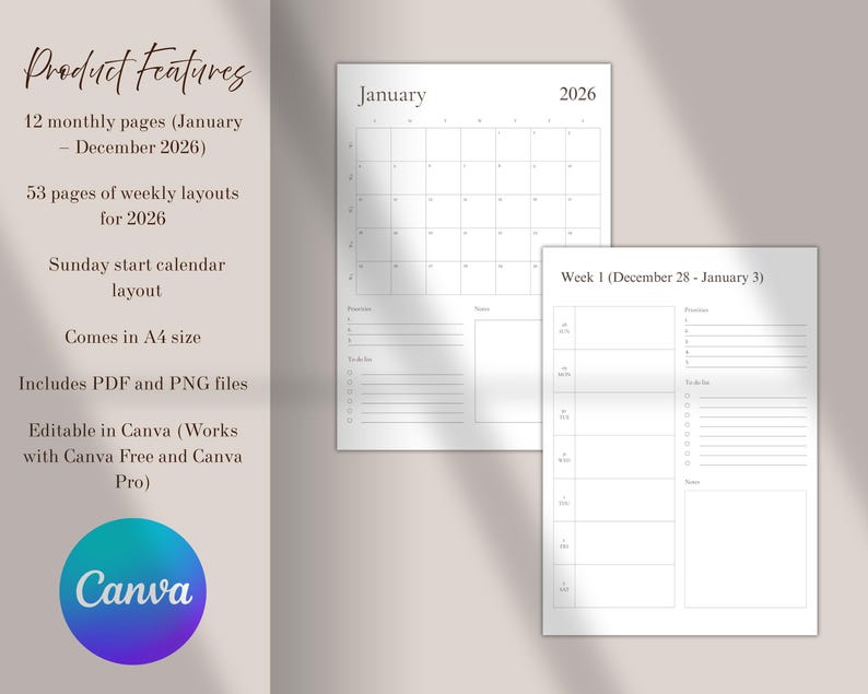 May include: A digital planner with a minimalist design. The planner includes a monthly calendar for January 2026 and a weekly layout for the first week of the year. The product features are listed on the left, including Canva compatibility.
