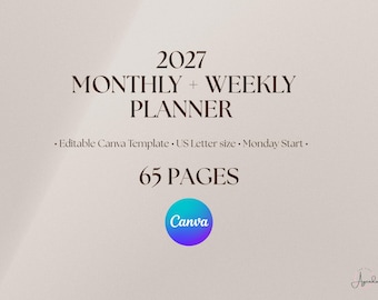 2027 Monthly Weekly Planner, US Letter Canva Template, Printable PDF, Monday Start Calendar, Editable Planner