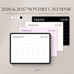 Op de afbeelding: Een digitale maandkalender voor 2026 en 2027 met een start op maandag. De weergave toont vier gestapelde kalenderpagina's in zwart, wit, lichtroze en wit met zwarte tekst. De tekst luidt 2026 & 2027 MONTHLY CALENDAR.