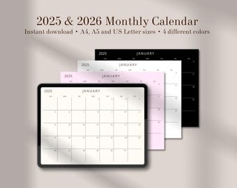 2025-2026 Minimalist Monthly Calendar: Printable Planner (A4/A5/US Letter PDF) GoodNotes, Notability