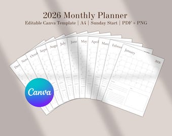 2026 Minimalist Calendar: A4 Printable PDF & PNG, Editable Canva Template (Sunday Start)