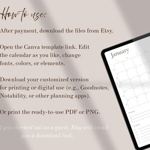 May include: A digital planner displayed on a tablet, showing a calendar for January 2023. The image includes instructions on how to use the planner, including downloading files from Etsy and editing the Canva template.