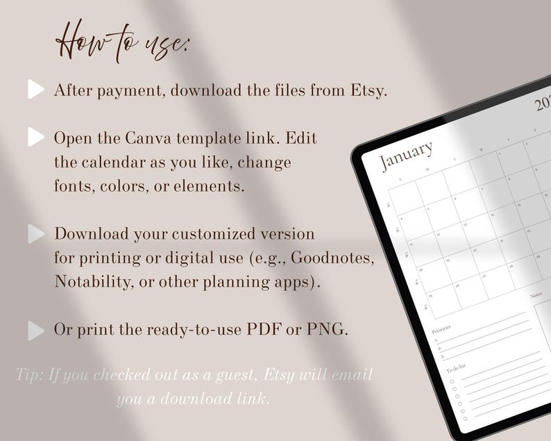 May include: A digital planner displayed on a tablet, showing a calendar for January 2023. The image includes instructions on how to use the planner, including downloading files from Etsy and editing the Canva template.