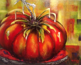 Tomato to chew, gallery canvas 18/24, acrylic and oil, fruit, mixed technique, contemporary canvas, timeless, by Anne S.