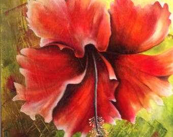 Haitian beauty, 30/40 gallery canvas, acrylic and oil, flower, mixed technique, contemporary canvas, timeless, orange, by Anne S.