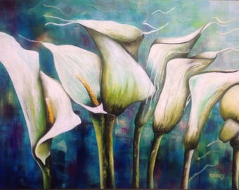 Callas on the run, 30/40 gallery canvas, acrylic and oil, flower, mixed technique, contemporary canvas, timeless, white, by Anne S.