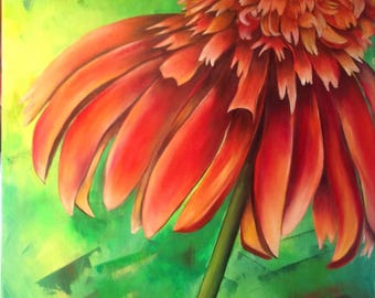 Dishevelled echinacea, 30/40 gallery canvas, acrylic and oil, flower, mixed technique, contemporary canvas, timeless, orange, by Anne S