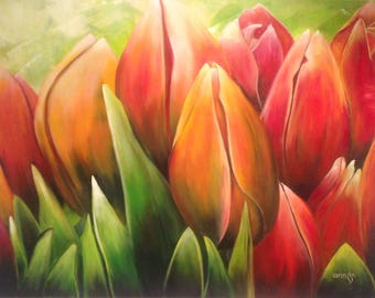 Cousin tulips, gallery canvas, 30 by 40, acrylic and oil, contemporary canvas, timeless, by Anne S.