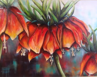 Les cloches sonnent, canvas gallery 30/40, acrylic and oil, fritillaries, mixed media, contemporary canvas