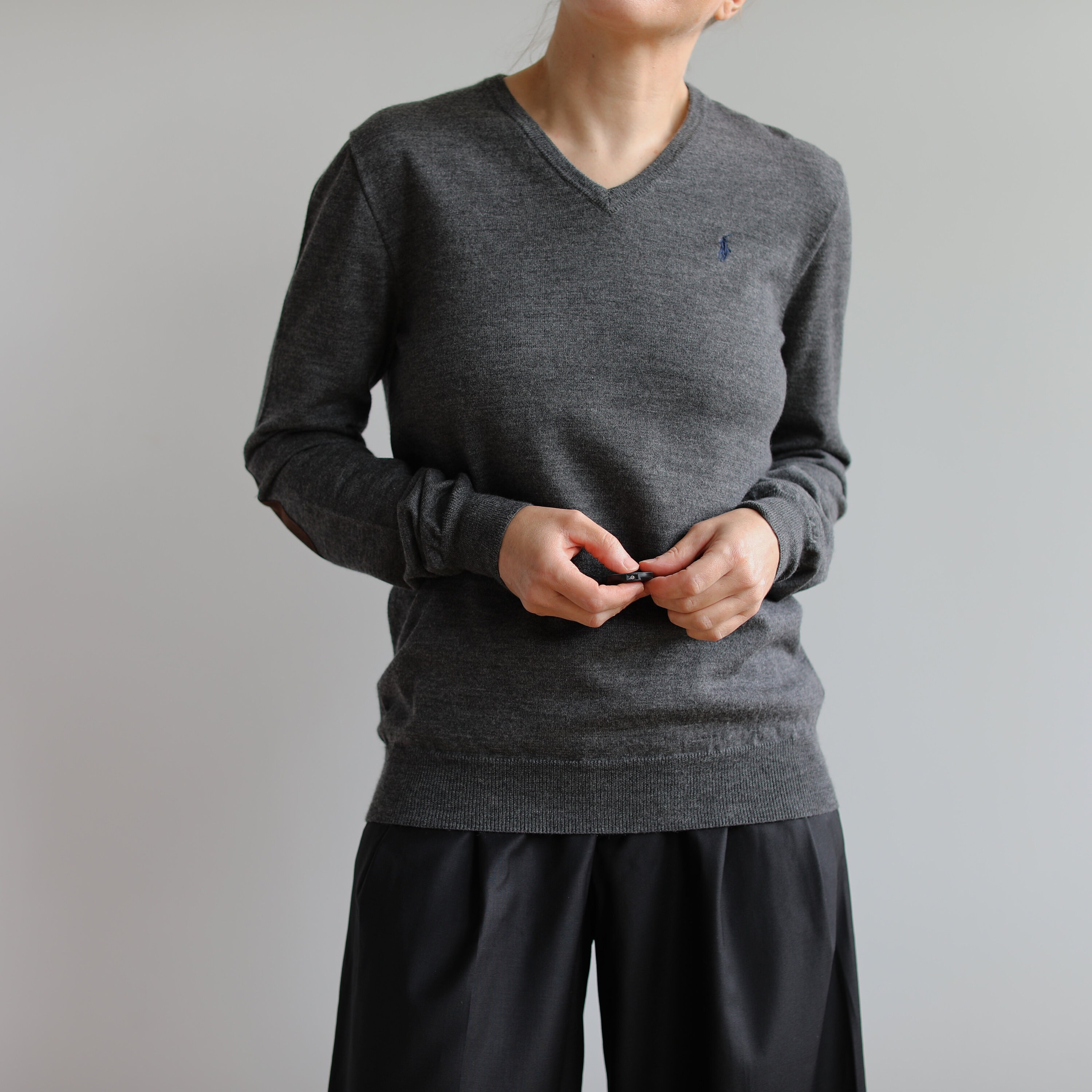 Vintage Polo Ralph Lauren Wool Jumper: Grey V-neck, Elbow Patches