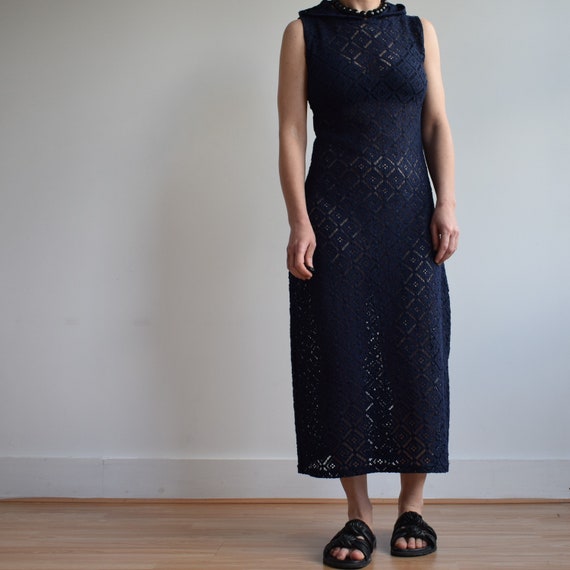 Vintage crochet navy blue dress with hood. Origin… - image 7