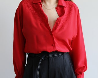 Vintage red silk embroidered blouse. Originally women’s size M. 90’s era.