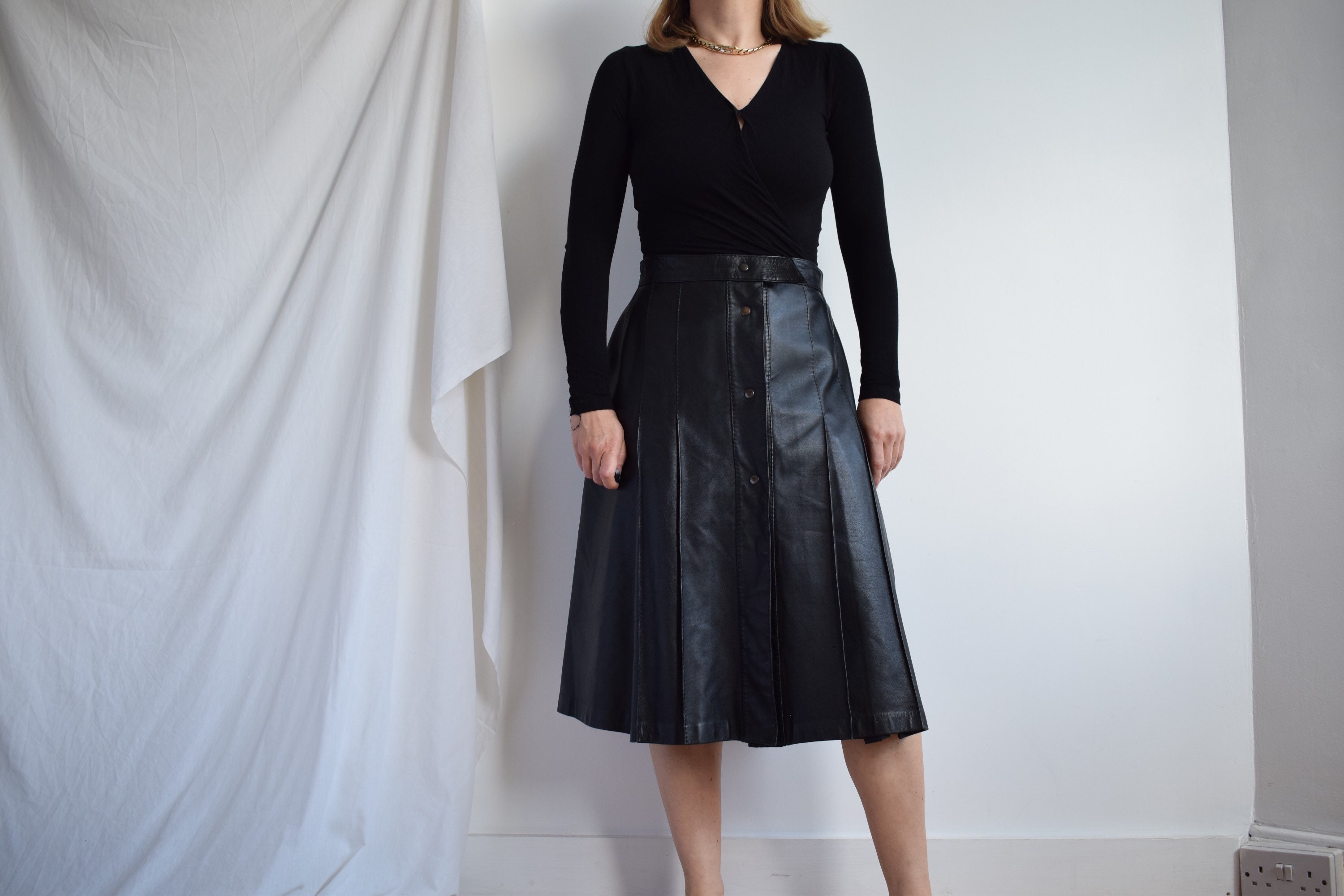 Vintage Black Leather Midi Skirt. Originally Women's Size M. 90's
