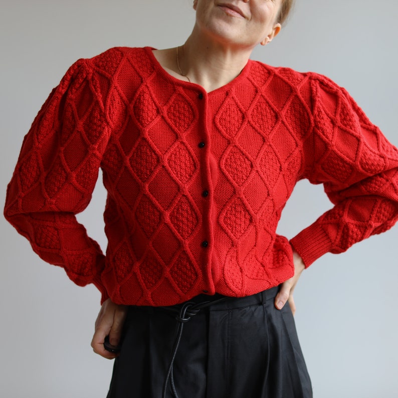Vintage big sleeve Austrian red wool cardigan. Originally womens size S / M. 90s era. image 1