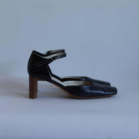 Vintage Navy Leather Slingback Heels: 90s Square Toe Shoes, UK 5