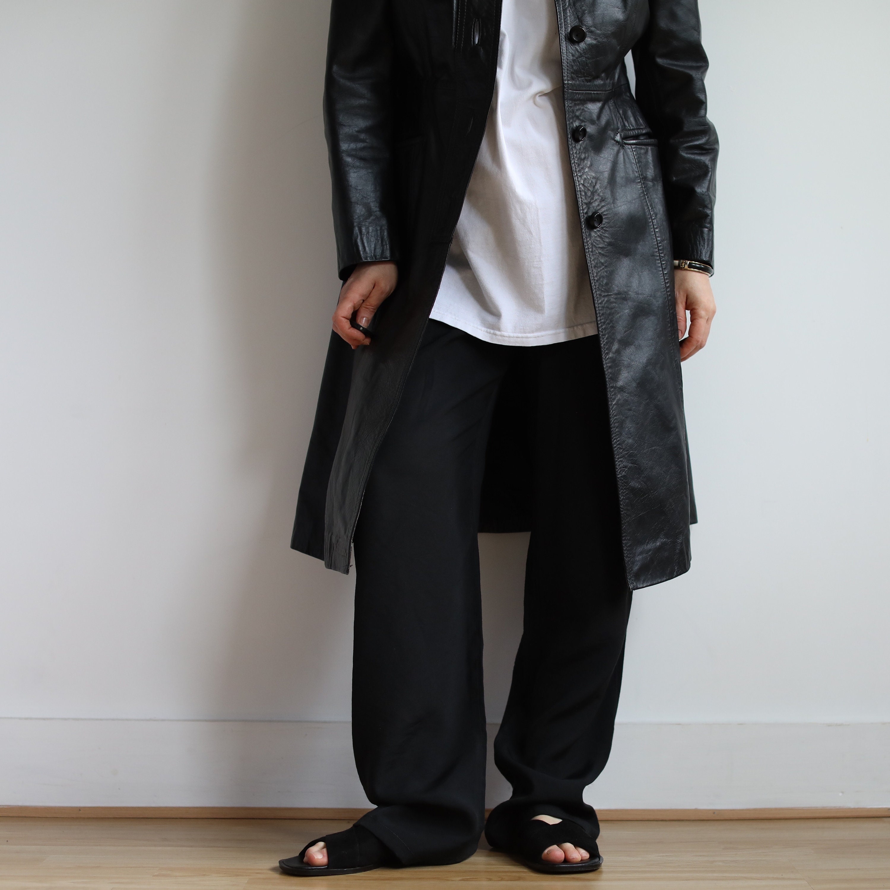 Womens Leather Coat Trench Black Long SOFT Lambskin S-M-L
