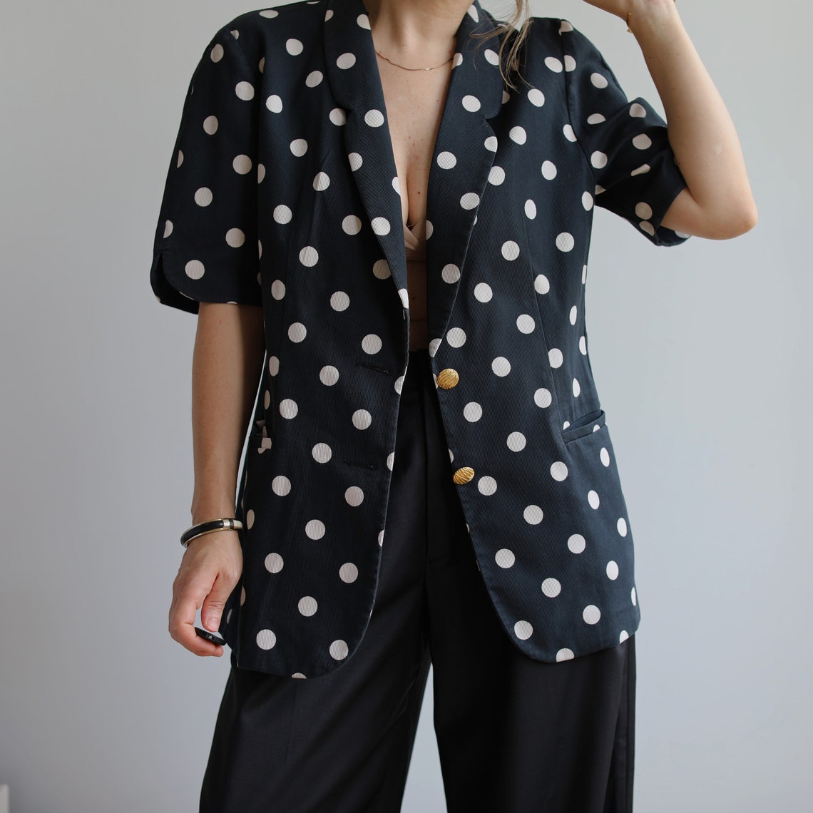 Vintage Polka Dot Cotton Blazer: Short Sleeve 00s Style, Foto 3 von 5