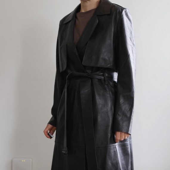 DKNY Black Leather Trench Coat • Vintage Donna Karan Leather Coat