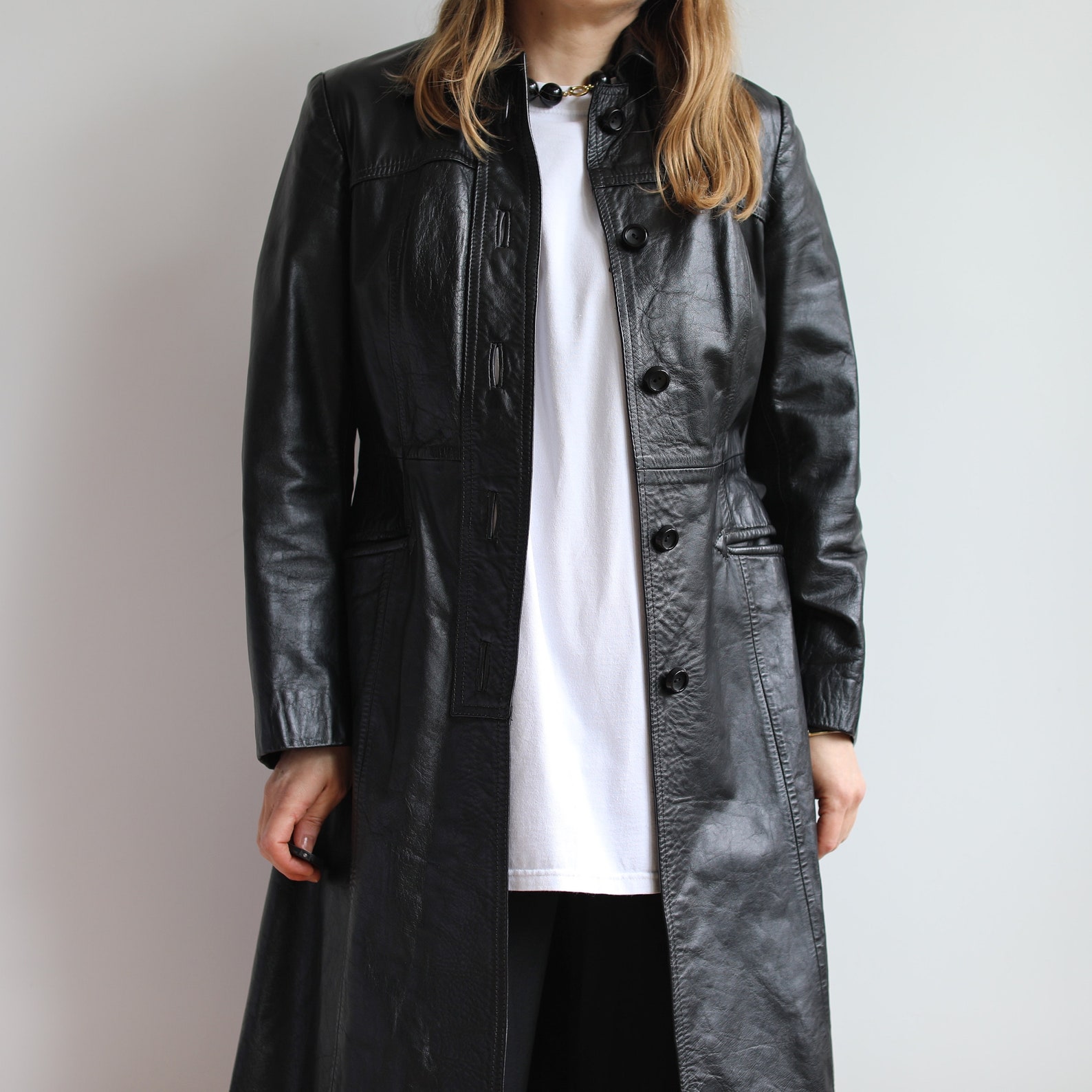 Vintage Black Leather Trench Coat