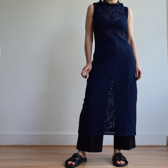 Vintage crochet navy blue dress with hood. Origin… - image 1