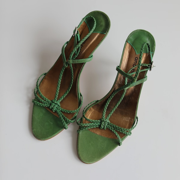 Vintage green leather high heels sandals. Eur 38.5. UK 5.5. Early 00’s era.