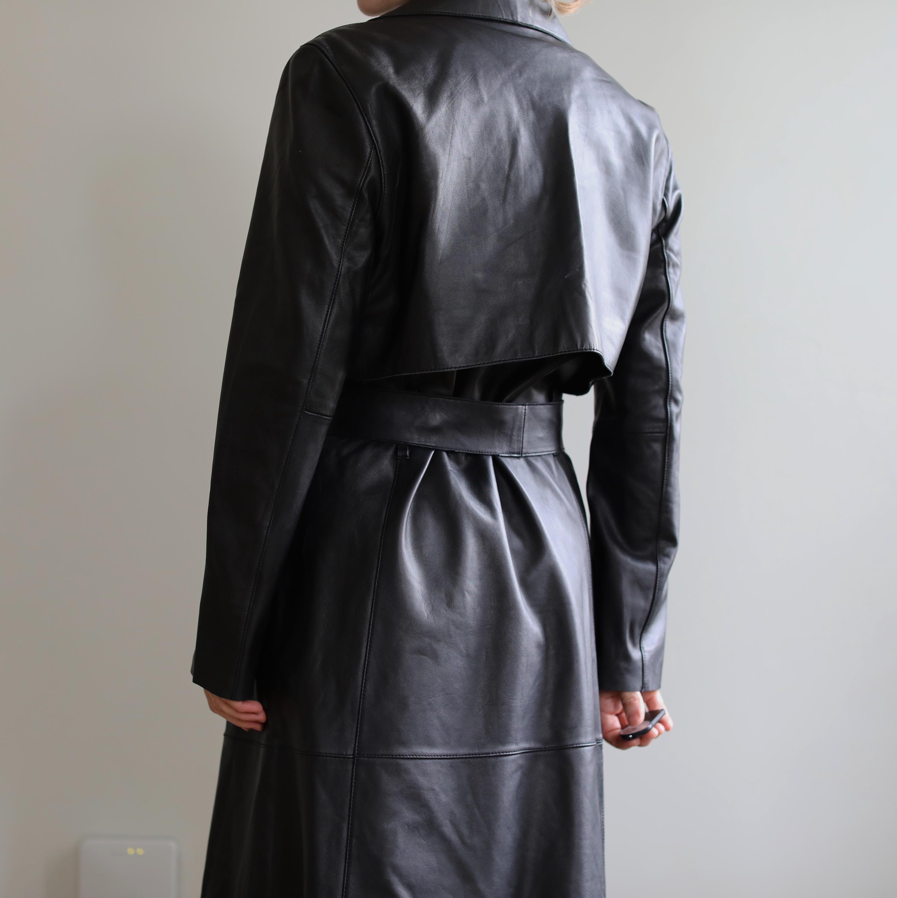 DKNY archive leather × wool best black DKNY Black Leather Trench Coat • Vintage Donna Karan Leather Coat