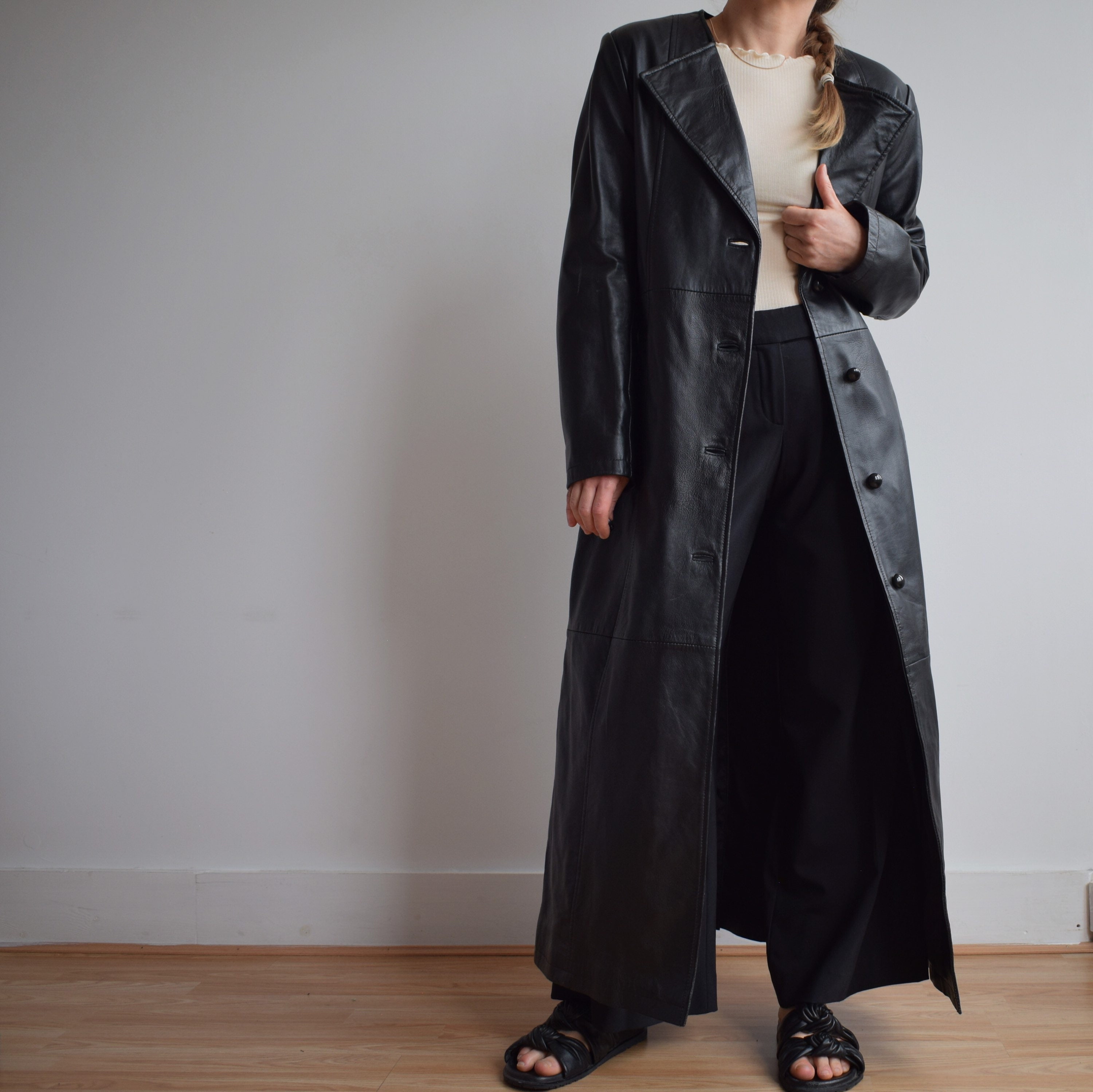 Vintage Black Leather Long Trench Coat. Originally Womens Size S