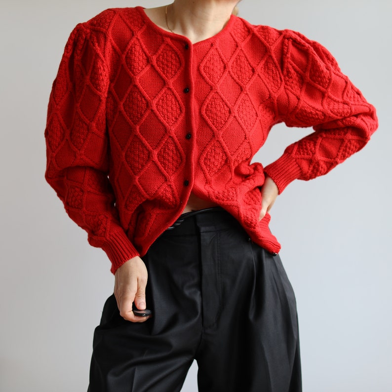 Vintage big sleeve Austrian red wool cardigan. Originally womens size S / M. 90s era. image 6