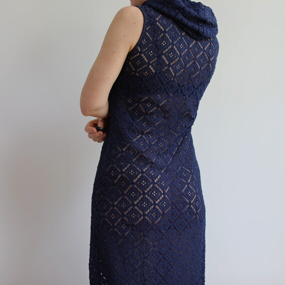Vintage crochet navy blue dress with hood. Origin… - image 4