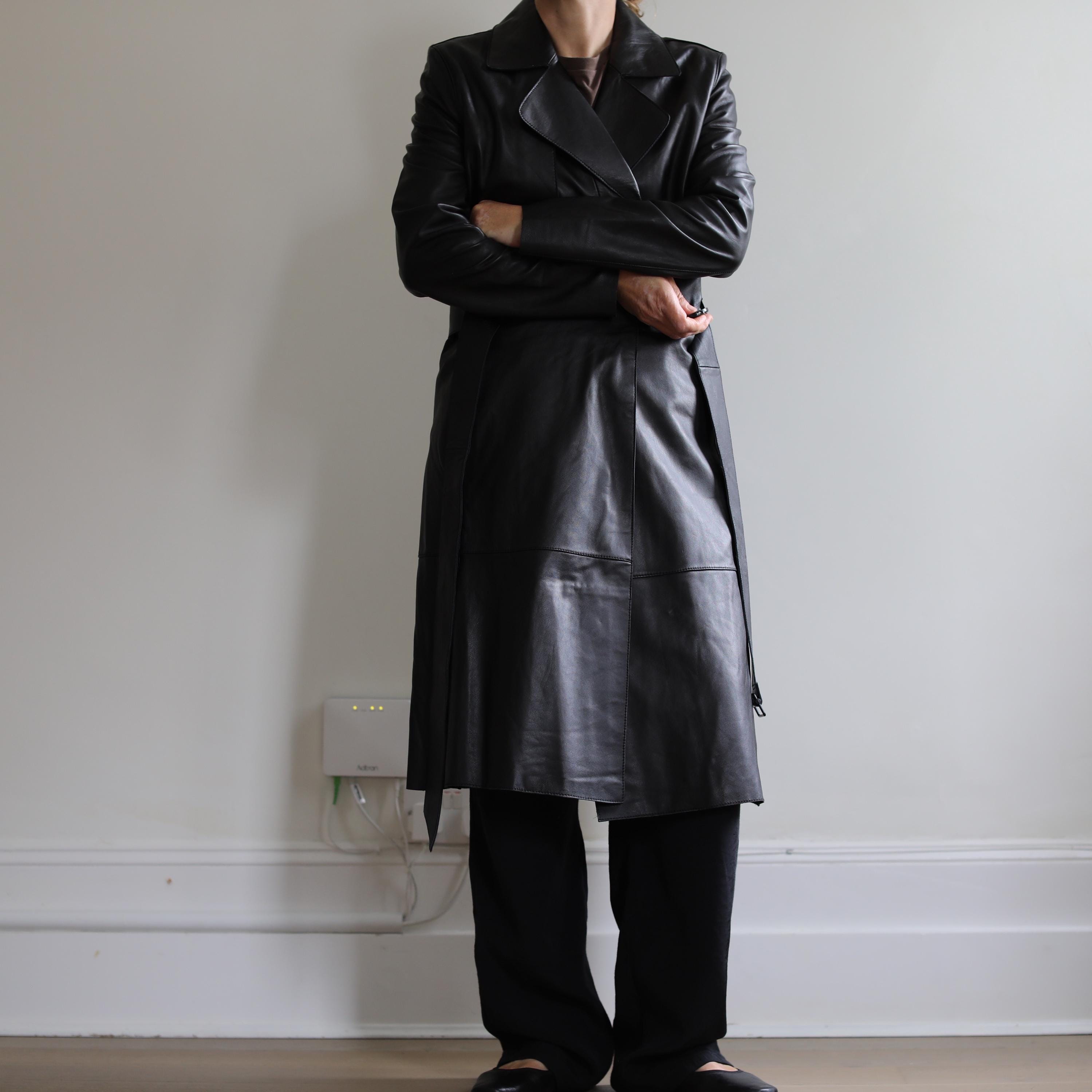 DKNY archive leather × wool best black DKNY Black Leather Trench Coat • Vintage Donna Karan Leather Coat