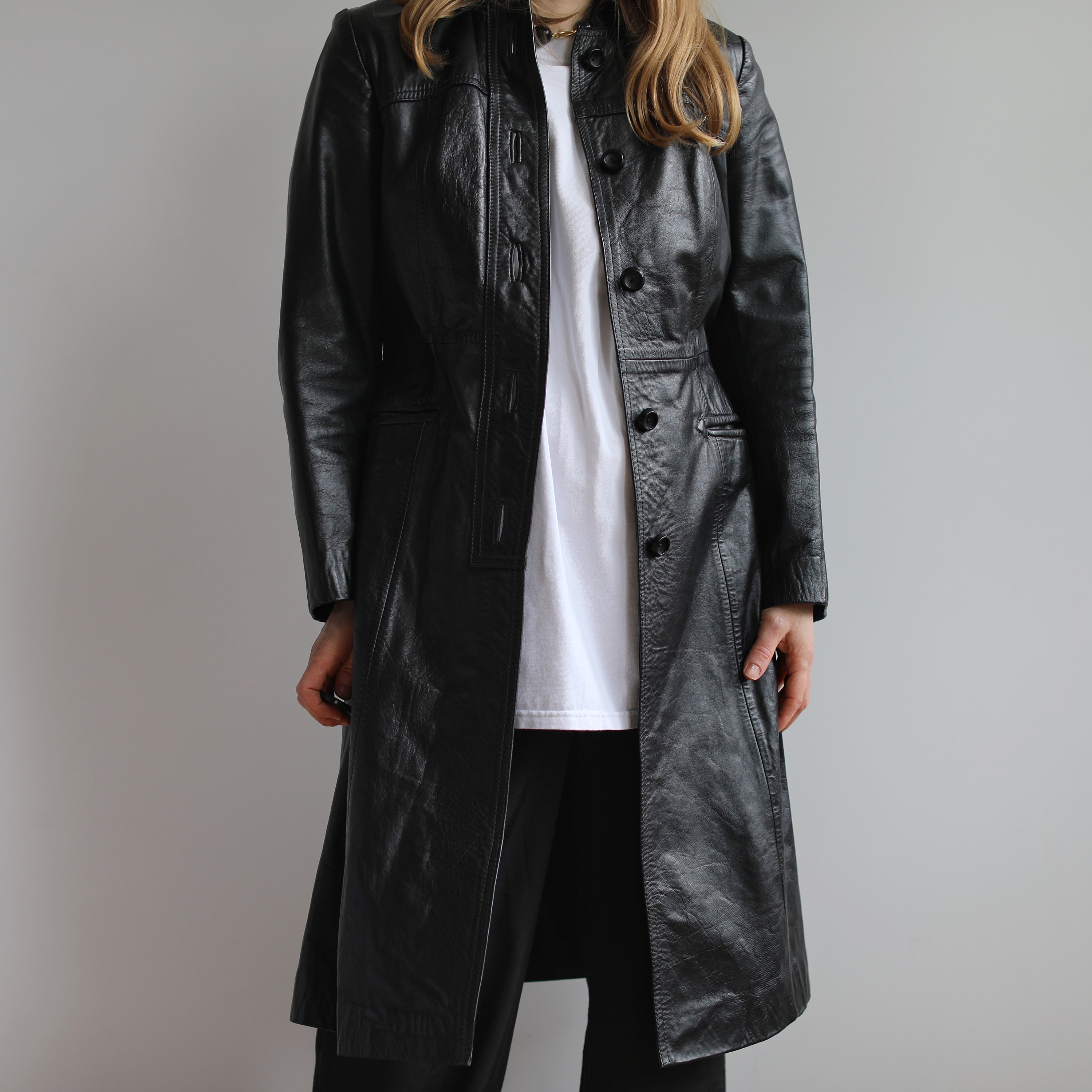 ◆DEINET◆ VINTAGE LEATHER TRENCH COAT IN BLACK KDTXE4F8311 Vintage MDK Leather Trench Coat, Black Long Single Breasted