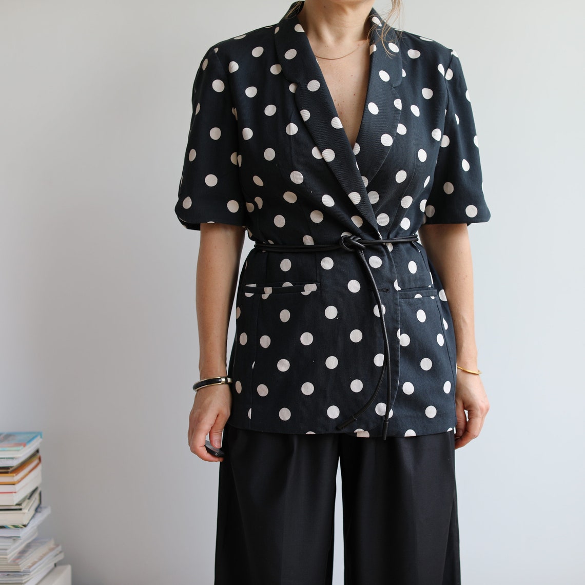 Vintage Polka Dot Cotton Blazer: Short Sleeve 00s Style, Foto 2 von 5
